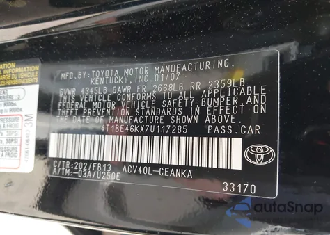 2007 Toyota Camry Le из США, поврежденный, VIN 4T1BE46KX7U117285